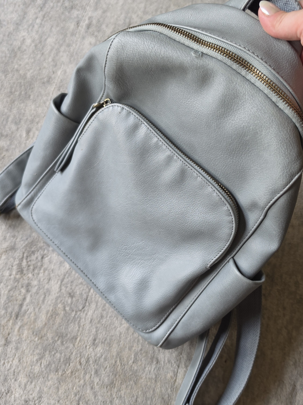 Joy Susan Light Grey Faux Leather Backpack with Front Pocket